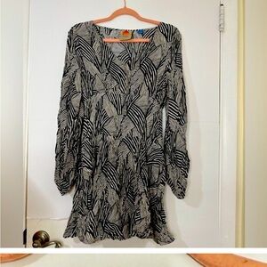 Farm Rio Black and white Zebra V neck Long Slit Sleeves Satin midi Dress